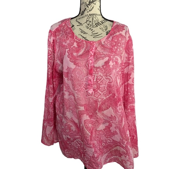 Jones New York Tunic Blouse Boho long Sleeve paisley pink cotton light Women’s L - Picture 14 of 14